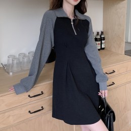 나그랑 배색 집업 카라 A라인 원피스 LL-D134