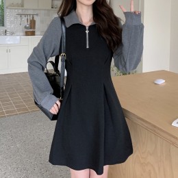 나그랑 배색 집업 카라 A라인 원피스 LL-D134