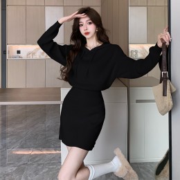 후드 골지 니트 미니 원피스 LL-D140