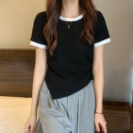 배색 사선 밑단 셔링 반팔 티셔츠 LM-0426