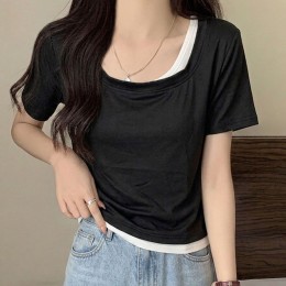 사선 이중 레이어드 반팔 티셔츠 LM-0895