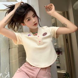 플라워 자수 패치 크롭 면티셔츠 MFNC-030025