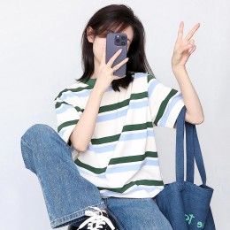 루즈핏 배색 스트라이프 반팔 숏 슬리브 MFNC-040106