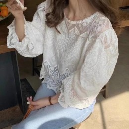 퍼프 소매 시스루 레이스 블라우스