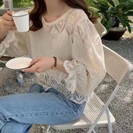 퍼프 소매 시스루 레이스 블라우스