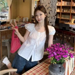 리본 스트랩 핀턱 썸머 블라우스