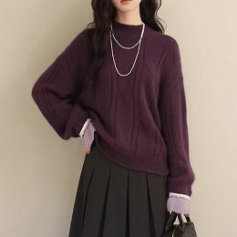 진주 소매 포인트 투톤 루즈핏 퍼플 스웨터