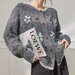 플라워 자수 포인트 니트 부클 러블리 가디건