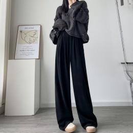 편한핏 여성 데일리 골지 롱 와이드 밴딩 팬츠