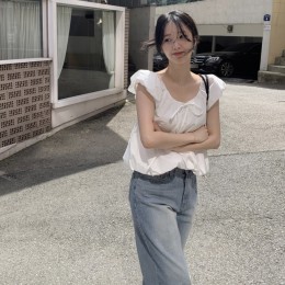 러블리 퍼프소매 리본 쉬폰 블라우스