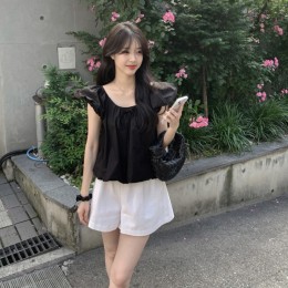 러블리 퍼프소매 리본 쉬폰 블라우스