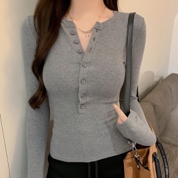 라운드 단추 골지 슬림 긴팔티셔츠 NF-3