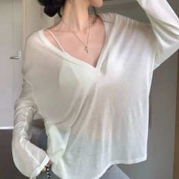 브이넥 루즈핏 시스루 레이어드 긴팔티 NF-12