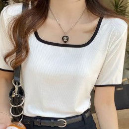 스퀘어넥 배색 슬림 냉감 골지 반팔티셔츠 NF-40