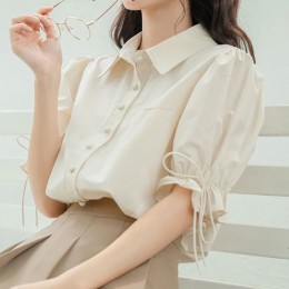 카라 퍼프소매 밴딩 스트링 반팔셔츠블라우스 NF-55