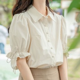카라 퍼프소매 밴딩 스트링 반팔셔츠블라우스 NF-55