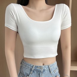 스퀘어넥 패드내장 슬림 등파인 크롭반팔티 NF-60
