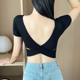 스퀘어넥 패드내장 슬림 등파인 크롭반팔티 NF-60