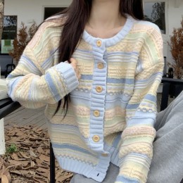 라운드넥 스트라이프 배색 파스텔 긴팔가디건 NF-65