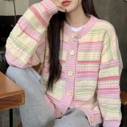 라운드넥 스트라이프 배색 파스텔 긴팔가디건 NF-65