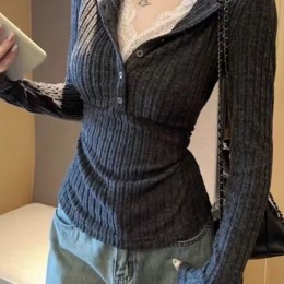 헨리넥 슬림핏 레이스포인트 긴팔 골지티셔츠 NF-67