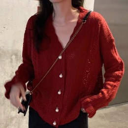 브이넥 루즈핏 진주단추 펀칭 긴팔니트가디건 NF-69