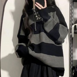 루즈핏 배색 스트라이프 후드니트티 NF-81