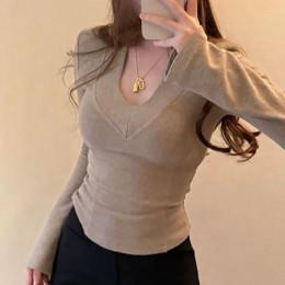 브이넥 슬림 골지 긴팔 페미닌 이너티셔츠 NF-82