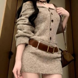 원숄더 벨트 단추 니트미니원피스 NF-83