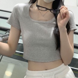 U넥 슬림 무지 반팔 크롭티셔츠 NF-98