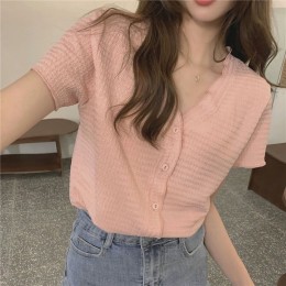 브이넥 반팔 블라우스 버튼 데일리 셔츠 NF-102