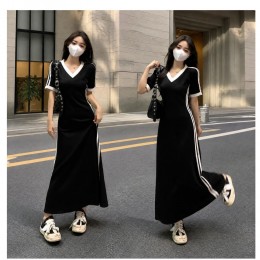 여성 브이넥 반팔 롱원피스