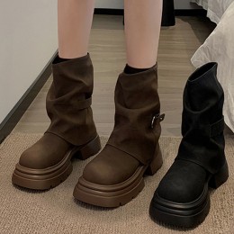 스웨이드 와이드 셔링 미들 부츠