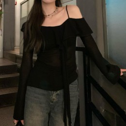 오프숄더 프릴 긴팔 티셔츠