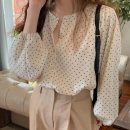 퍼프 소매 쉬폰 도트 블라우스