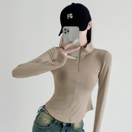 슬림핏 세미 크롭 지퍼 여성 티셔츠