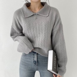 헤링본 패턴 카라 크롭 니트 티셔츠