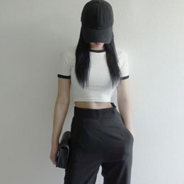 2컬러 코튼 배색 반팔 크롭티