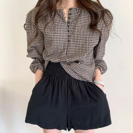 벌룬 소매 라운드넥 체크 블라우스