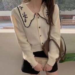 여성 넥 자수 니트 카디건