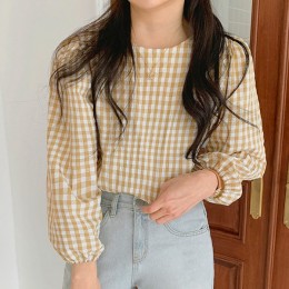 벌룬소매 체크 블라우스