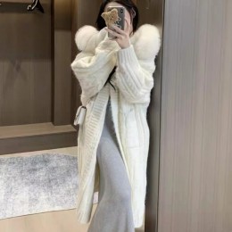 털 후드 니트 롱 가디건