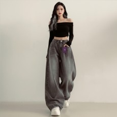 카멜린 사이드 절개와이드 데님 청바지 SD-260236