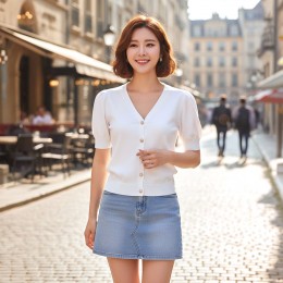 미텐드 꽃진주 단추 퍼프 소매 반팔 가디건 SD-260629