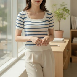 캐치아 단가라 스퀘넥 여름니트 티셔츠 SD-260710