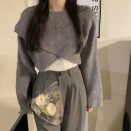 애브너 크로스 숄더 니트 크롭 긴팔 티셔츠 SH-500319