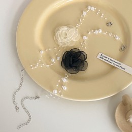 진주 쉬폰 장미 초커 비즈목걸이