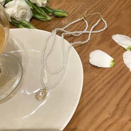 더블 진주 드롭 팬던트 레이어드 목걸이