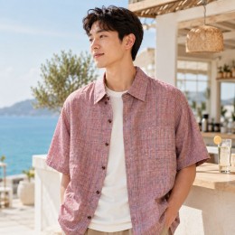남성 시어서커 핑크체크무늬 반팔 셔츠