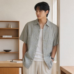 남성 시어서커 그린체크무늬 반팔셔츠
